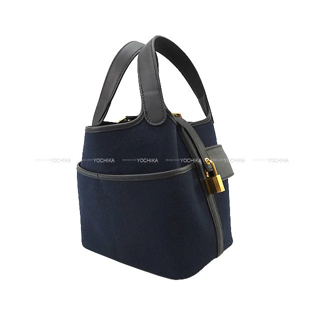 HERMES Handbag Picotin Lock 18 PM Cargo Pockets Blue Marine/Noir (Black) Toile Goeland/Veau Swift Gold HW Stamp B[EXCELLENT][Authentic]