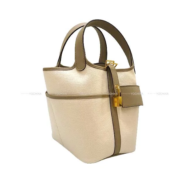 HERMES Handbag Picotin Lock 18 PM Cargo Pockets Beige Marfa/Nata Toile Goeland/Veau Swift Gold HW Stamp B[BRAND NEW][Authentic]