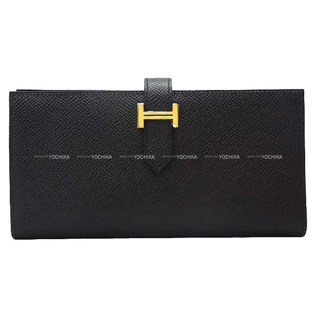 HERMES long wallet Bearn Soufflet Verso Noir (Black) /Bleu navy(7U) Veau Epsom Gold HW Stamp W[BRAND NEW][Authentic]