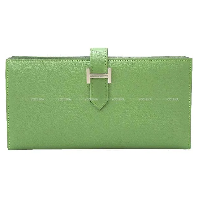 HERMES long wallet Bearn Soufflet Vert criquet Chevre Myzore Silver HW Stamp B[BRAND NEW][Authentic]