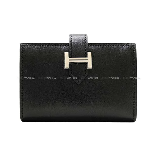 HERMES card holder Bearn Card holder Noir (Black) Veau Tadelakt Silver HW Stamp U[EXCELLENT][Authentic]