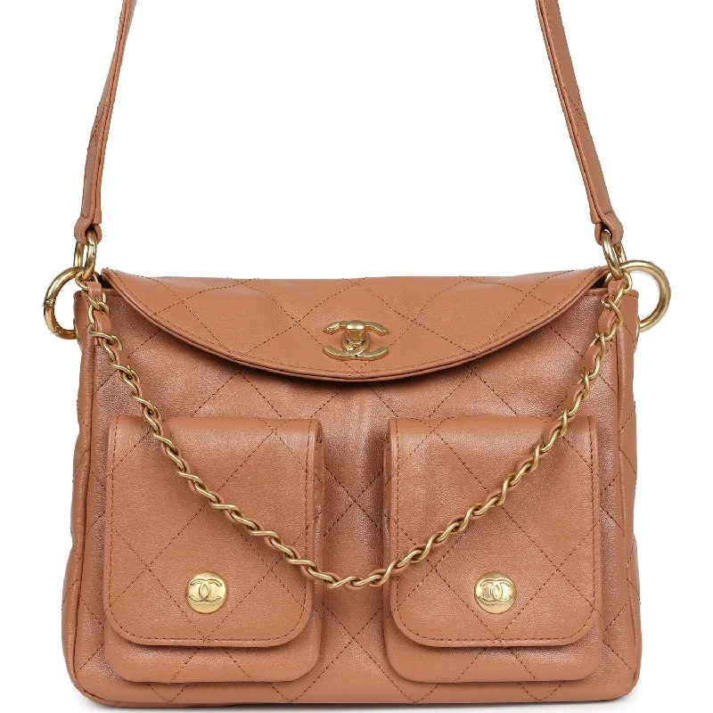 Chanel Double Pocket Hobo Bag Caramel Shiny Calfskin Brushed Gold Hardware