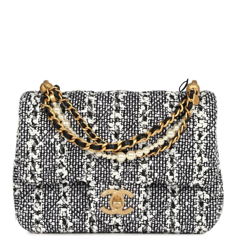 Chanel Mini Square Pearl Flap Bag Black and White Sequin Tweed Brushed Gold Hardware