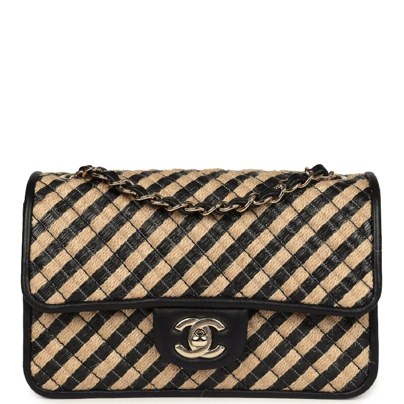 Chanel Small Urban Jungle Flap Beige and Black Stripe Raffia Jute Gold Hardware