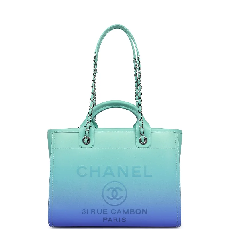 Chanel Small Deauville Shopping Tote Blue and Green Ombre Calfskin Silver Hardware