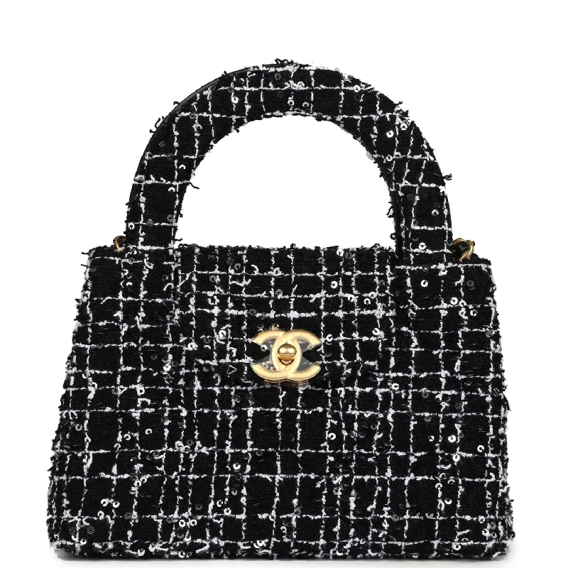 Chanel Small Kelly Shopper Black, White & Silver Sequin Tweed Brushed Gold Hardware