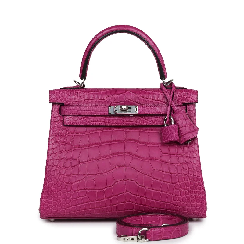 Hermes Kelly Retourne 25 Rose Sheherazade Matte Alligator Palladium Hardware