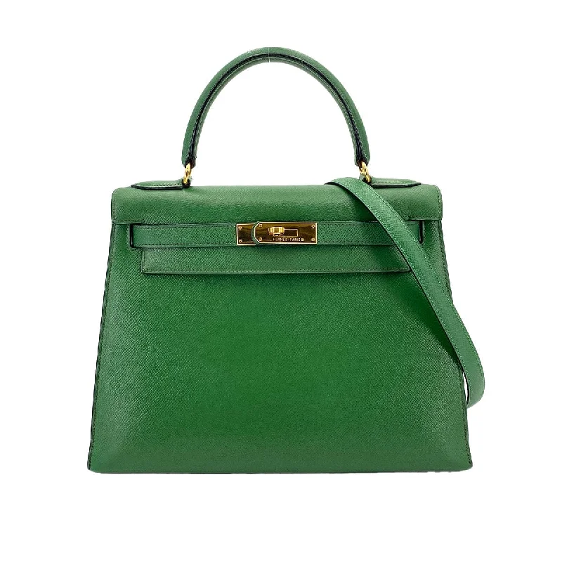 HERMES KELLY 28 SELLIER GREEN TYPE COUCHVEL HAND SHOULDER BAG 〇X