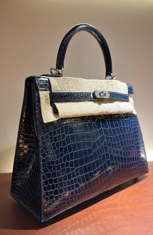 Hermes Kelly Sellier 25 Bleu Marine Shiny Porosus Crocodile Palladium Hardware